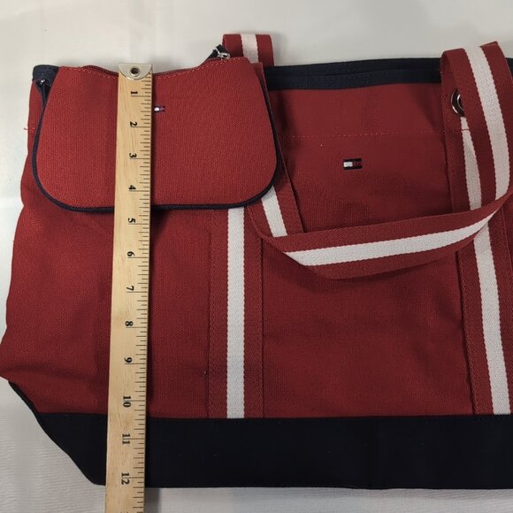 Tommy Hilfiger Tote Bag Matching Pouch Set Red Navy Blue Stripe Straps Large - Picture 13 of 13